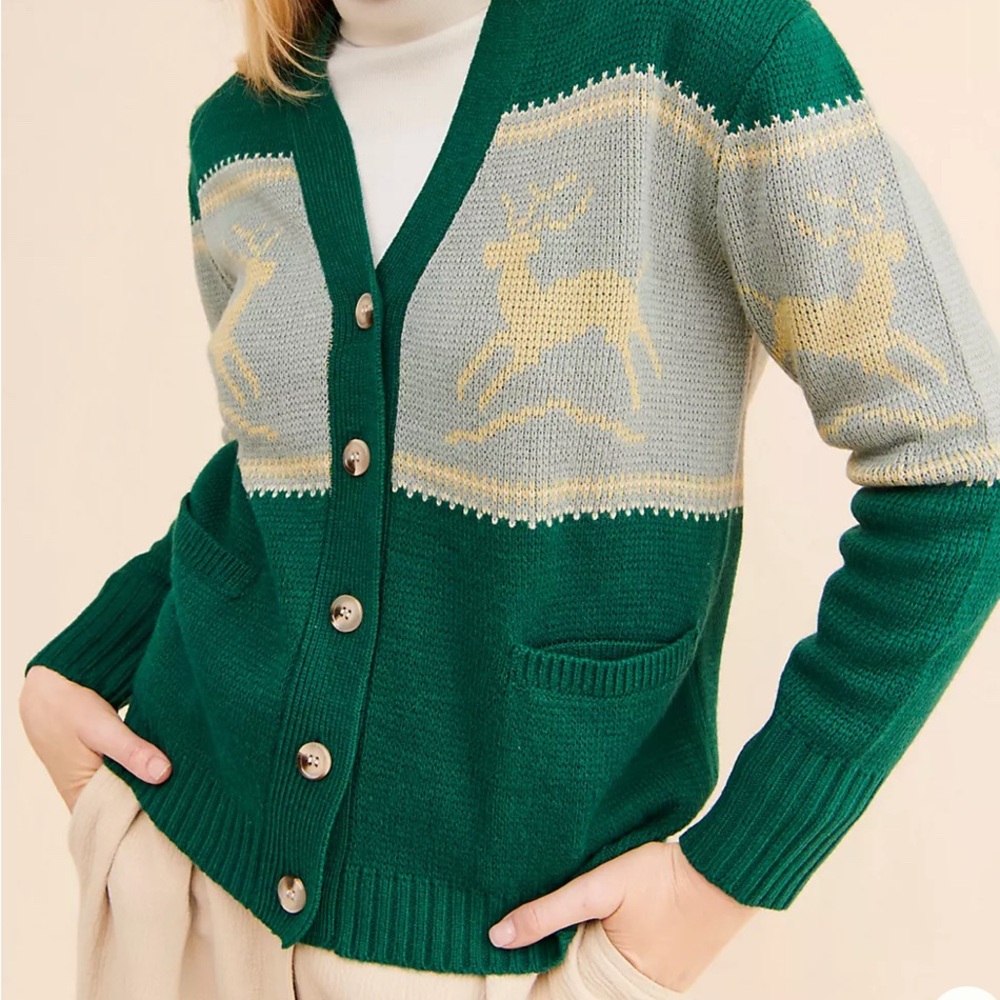 Green Reindeer Cardigan Sweater
